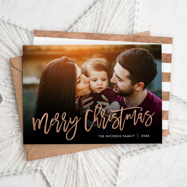 Merry Christmas Rose Gold Script Photo Overlay Holiday Card (Creator Uploaded)