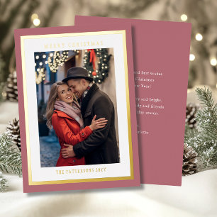 Merry Christmas Rose Gold Simple Modern Photo Foil Holiday Card