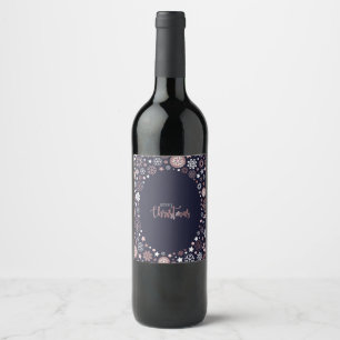 Merry Christmas rose gold snowflakes in blue Wine Label