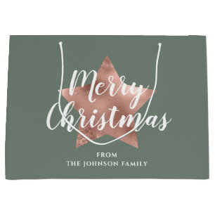 Merry Christmas Rose Gold Star Sage Green Large Gift Bag