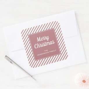 Merry Christmas Rose Gold Stripes Square Sticker