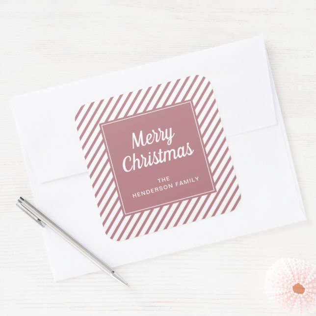 Merry Christmas Rose Gold Stripes Square Sticker (Envelope)