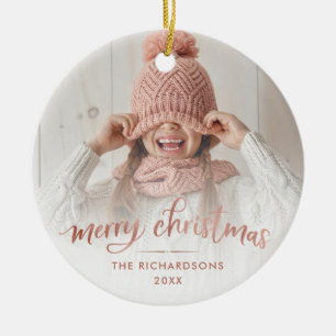 Merry Christmas   Rose Gold Typography Two Photo Ceramic Tree Decoration
