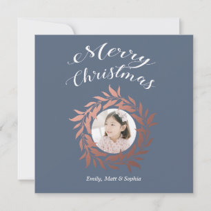 Merry Christmas Rose Gold Wreath Blue White Photo Holiday Card