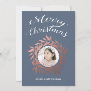 Merry Christmas Rose Gold Wreath Blue White Photo Holiday Card