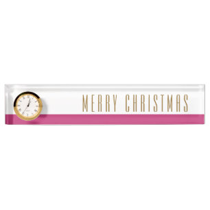 MERRY CHRISTMAS Rosy Pink White Stripes Clock Nameplate