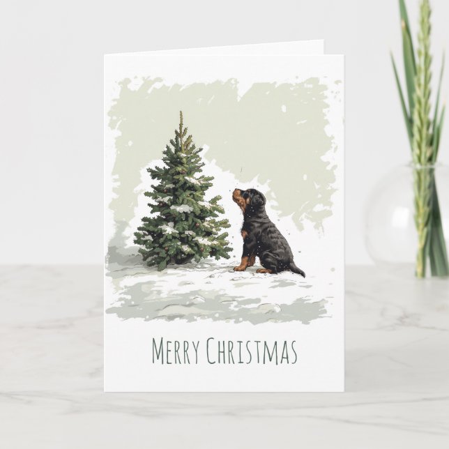 Merry Christmas Rottweiler Dog Christmas Tree Holiday Card (Front)