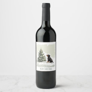 Merry Christmas Rottweiler Dog Christmas Tree Wine Label