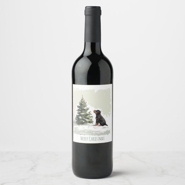 Merry Christmas Rottweiler Dog Christmas Tree Wine Label (Front)
