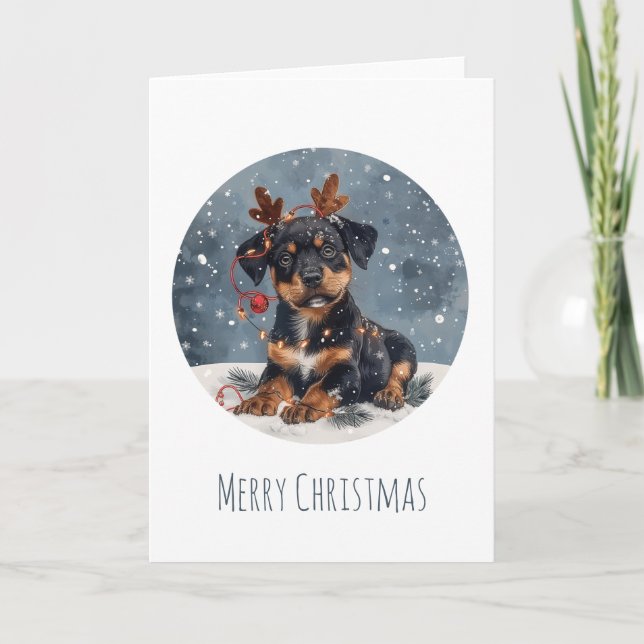 Merry Christmas Rottweiler Dog Reindeer Holiday Card (Front)
