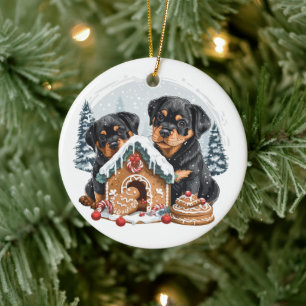 Merry Christmas Rottweiler Dogs Gingerbread House Ceramic Tree Decoration