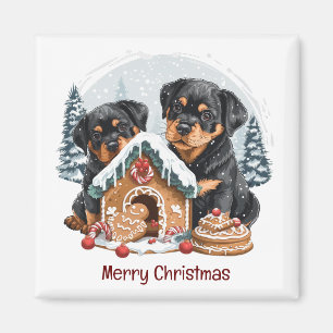 Merry Christmas Rottweiler Dogs Gingerbread House Magnet