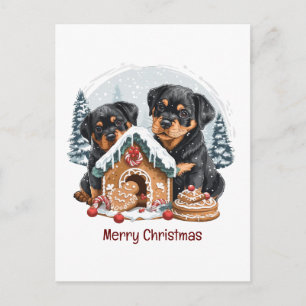 Merry Christmas Rottweiler Dogs Gingerbread House Postcard