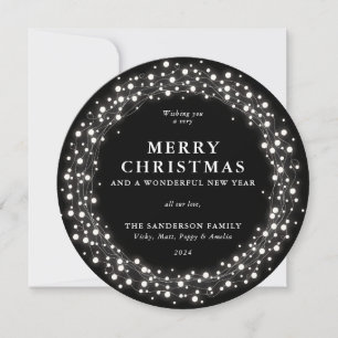 Merry Christmas Round Black Sparkling Lights Holiday Card
