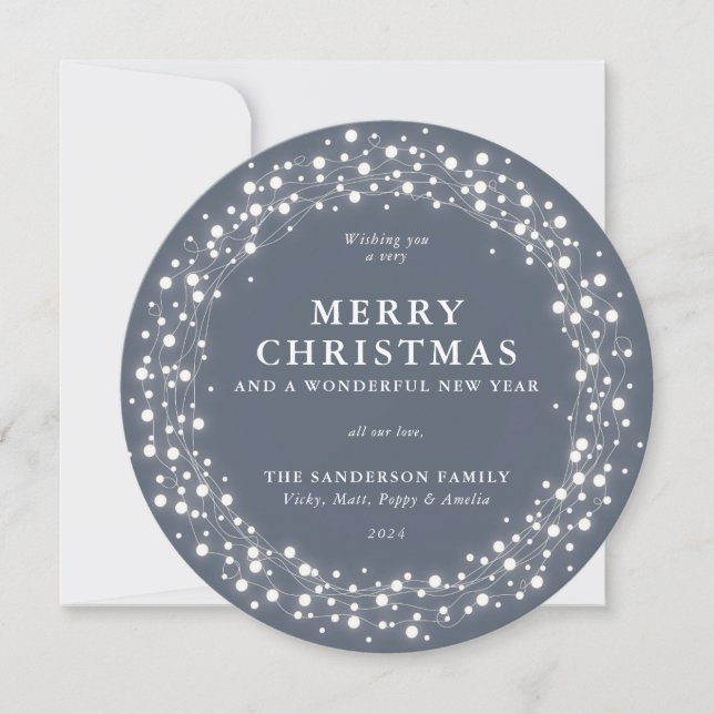 Merry Christmas Round Blue-Grey Sparkling Lights Holiday Card (Front)