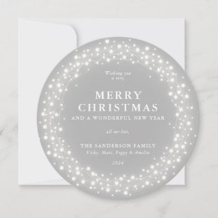 Merry Christmas Round Grey Sparkling Lights Holiday Card