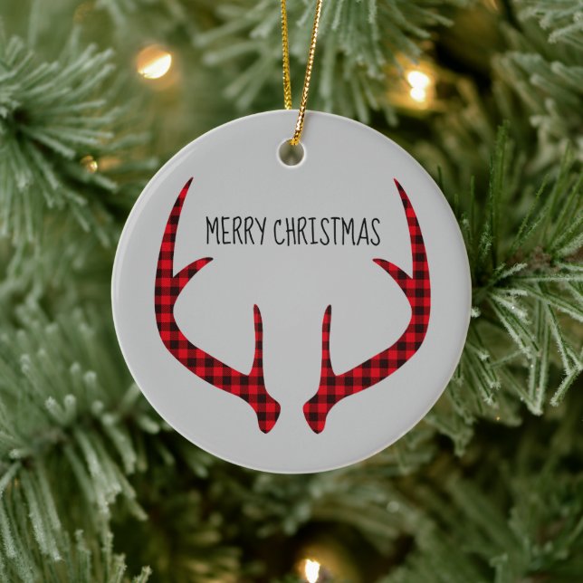 Merry Christmas Round Ornament-Plaid Antlers Ceramic Tree Decoration (Tree)