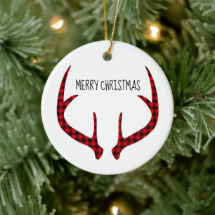 Merry Christmas Round Ornament-Plaid Antlers Ceramic Tree Decoration