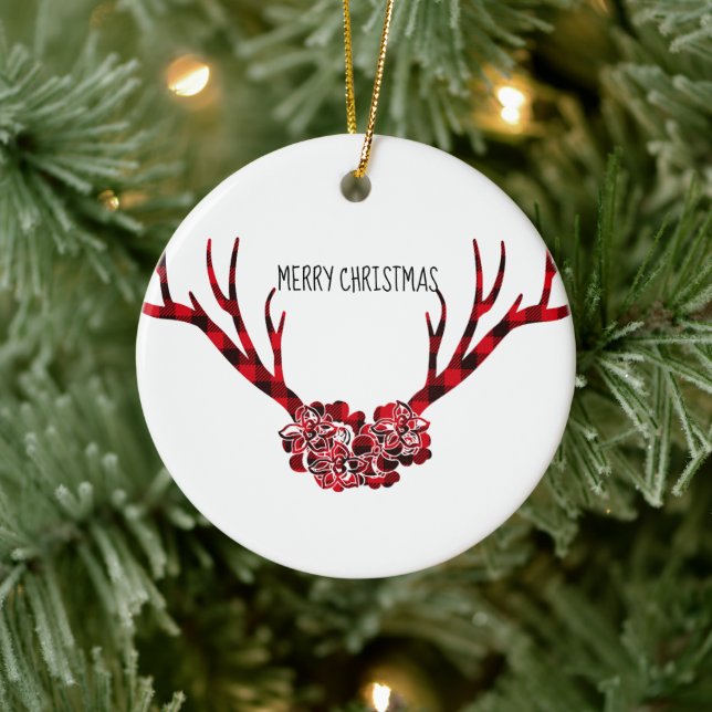 Merry Christmas Round Ornament-Plaid Antlers Ceramic Tree Decoration (Tree)
