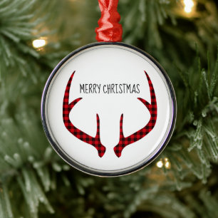 Merry Christmas Round Ornament-Plaid Antlers Metal Tree Decoration