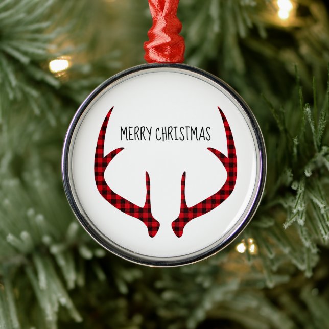 Merry Christmas Round Ornament-Plaid Antlers Metal Tree Decoration (Tree)