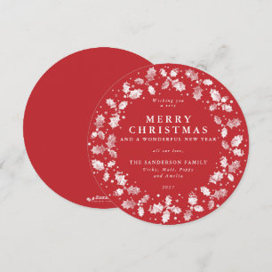 Merry Christmas Round Red Holly Wreath Holiday Card