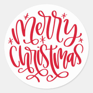 Merry Christmas Round Red Script Stickers