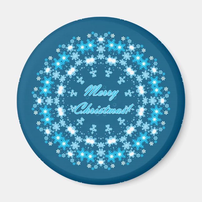 Merry Christmas round snowflake winter white blue Magnet (Front)