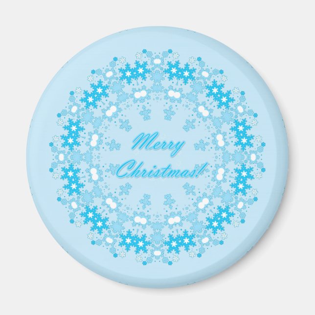 Merry Christmas round snowflake winter white blue Magnet (Front)