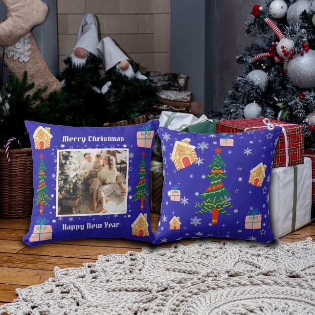 Merry Christmas Royal Blue Family Photo  Cushion (Creator Uploaded)