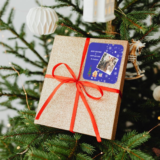 Merry Christmas Royal Blue Family Photo  Square Sticker (Creator Uploaded)