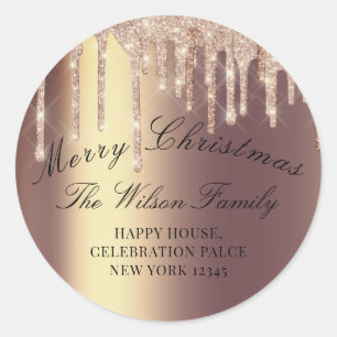 Merry Christmas RSVP Rose Gold Return Address Classic Round Sticker