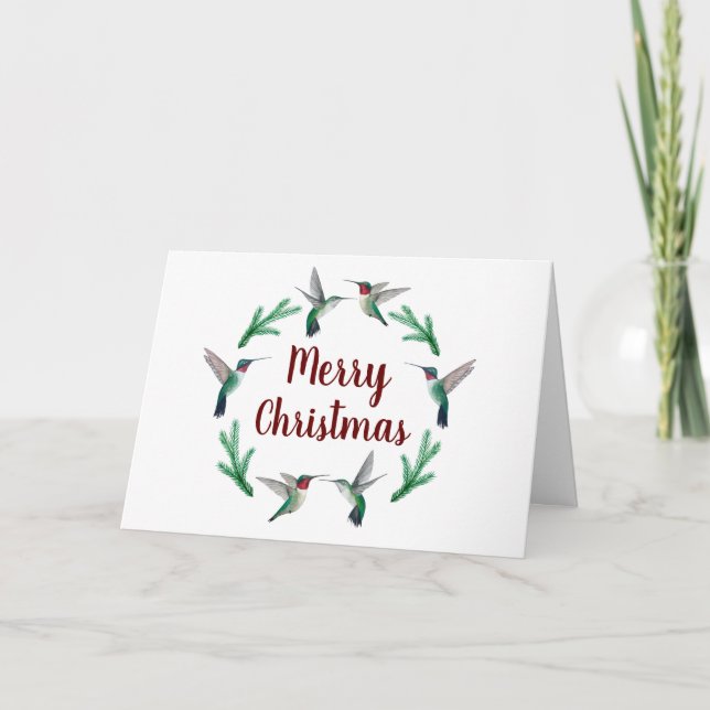 Merry Christmas Ruby-throated  Hummingbirds  Holiday Card (Front)
