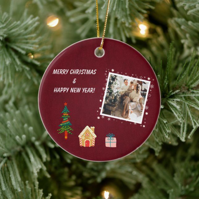 Merry Christmas Ruby Wine Family Photo  Ceramic Tree Decoration (Tree)