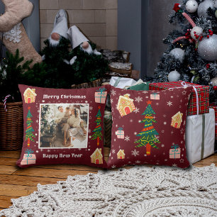 Merry Christmas Ruby Wine Family Photo  Cushion