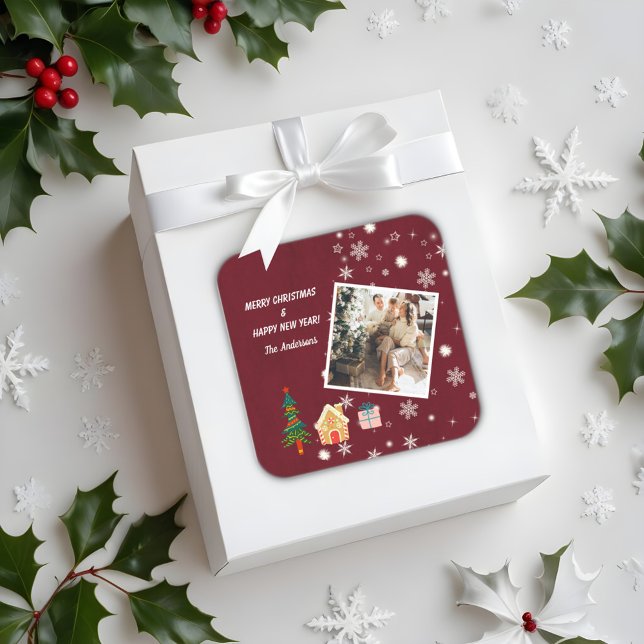 Merry Christmas Ruby Wine Family Photo  Square Sticker (Creator Uploaded)