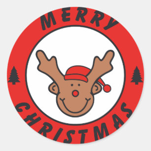 Merry Christmas Rudolf Rentier with a tree Classic Round Sticker