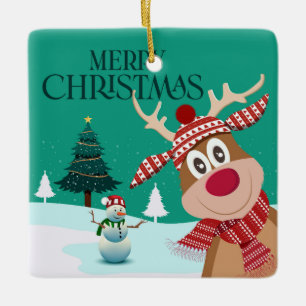 Merry Christmas Rudolph and Snowman Ceramic Ornament