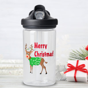 Merry Christmas Rudolph In Sweater & Xmas Lights Water Bottle