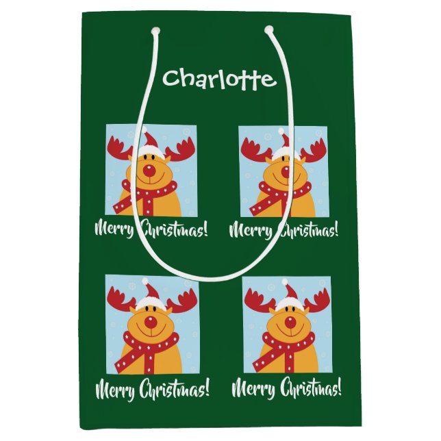 Merry Christmas Rudolph Reindeer Personalise Name Medium Gift Bag (Front)