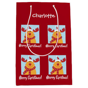 Merry Christmas Rudolph Reindeer Personalise Name Medium Gift Bag