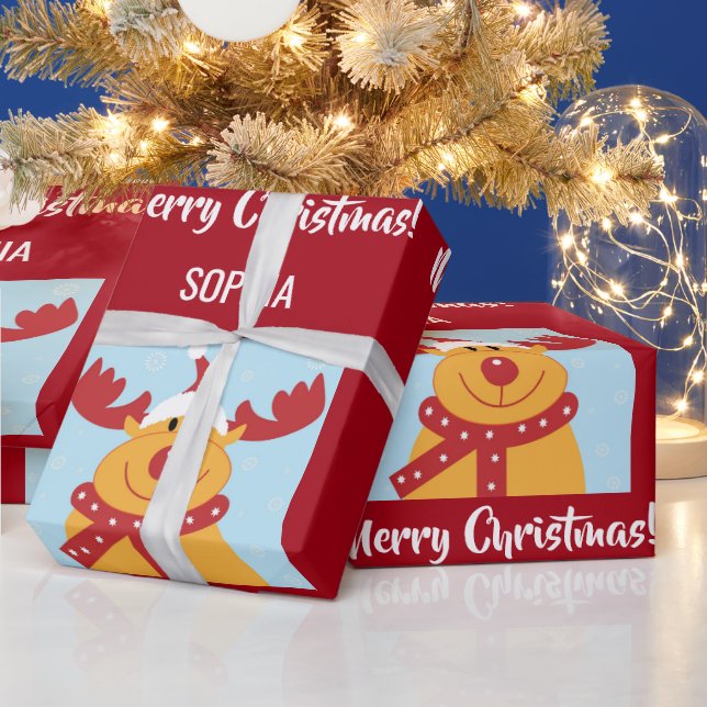 Merry Christmas Rudolph Reindeer Personalise Name Wrapping Paper (Holidays)