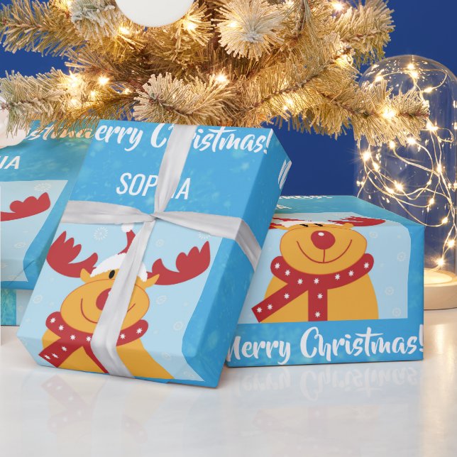 Merry Christmas Rudolph Reindeer Personalise Name Wrapping Paper (Holidays)