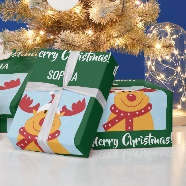 Merry Christmas Rudolph Reindeer Personalise Name Wrapping Paper (Holidays)