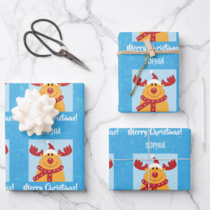 Merry Christmas Rudolph Reindeer Personalise Name Wrapping Paper Sheet
