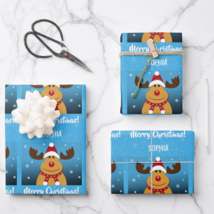 Merry Christmas Rudolph Reindeer Personalised Name Wrapping Paper Sheet