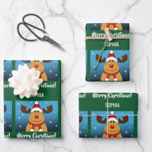 Merry Christmas Rudolph Reindeer Personalised Name Wrapping Paper Sheet