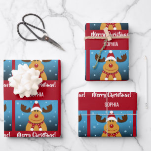 Merry Christmas Rudolph Reindeer Personalised Name Wrapping Paper Sheet
