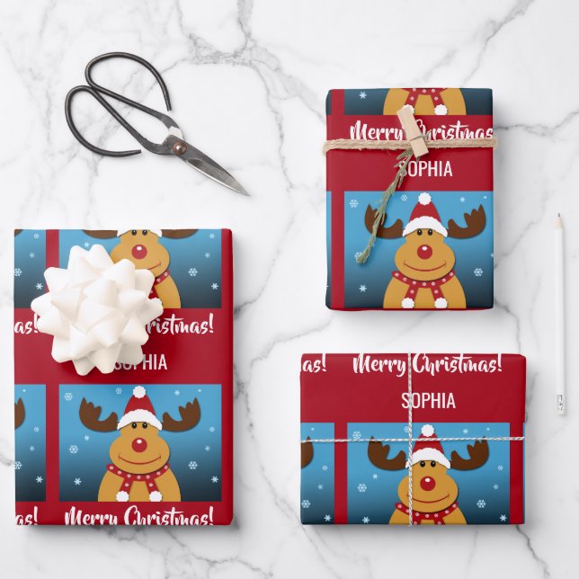 Merry Christmas Rudolph Reindeer Personalised Name Wrapping Paper Sheet (Front)