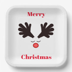 Merry Christmas Rudolph White Paper Plate